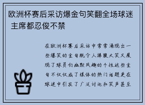 欧洲杯赛后采访爆金句笑翻全场球迷 主席都忍俊不禁