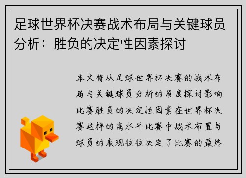 足球世界杯决赛战术布局与关键球员分析:胜负的决定性因素探讨